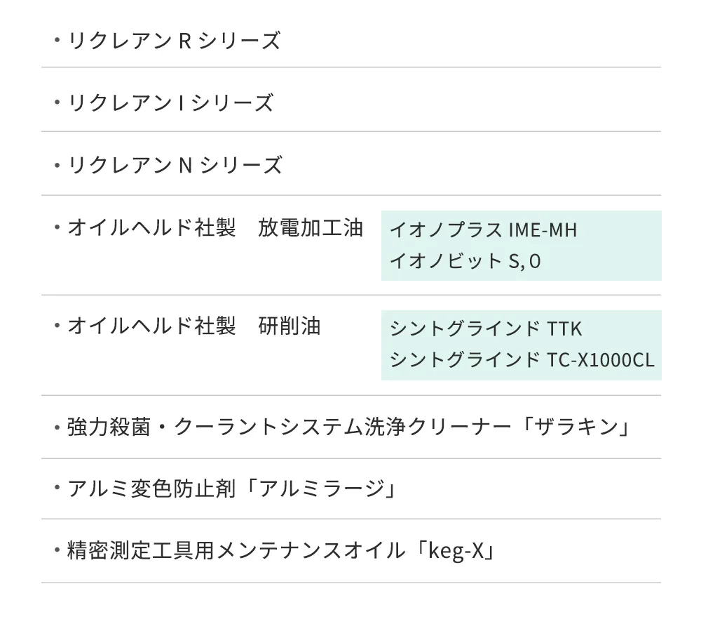 【出展内容】リクレアンRシリーズ/リクレアンIシリーズ/リクレアンNシリーズ/オイルヘルド　研削油、放電加工油（イオノプラスIME-MH、イオノビットS,０）/オイルヘルド社製　研削油（シントグラインドTTK、シントグラインドTC-X 1000CL）/強力殺菌・クーラントシステムクリーナー「ザラキン」アルミ変色防止剤「アルミラージ」/精密測定工具用メンテナンスオイル「keg-X」等を展示予定です。
